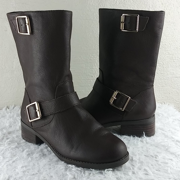 𝅺Sole Society Wylann Brown Leather Almond Toe Block Heel Mid Calf Harness Boot - Picture 16 of 16